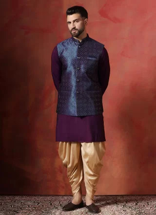 Blue and Purple Jacquard Kurta Payjama with Jacket with Embroidered Work for Ceremonial