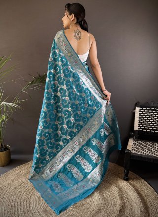 Blue and Rama Banarasi Silk Weaving and Zari Work Classic Sari