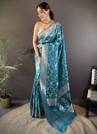 Blue and Rama Banarasi Silk Weaving and Zari Work Classic Sari