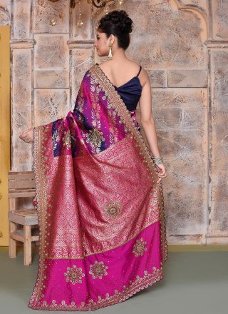 Blue and Rani Kanjivaram Silk Hand Work Contemporary Sari for Ceremonial