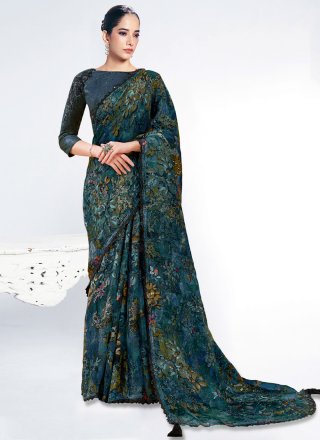 Blue and Teal Brasso Trendy Saree with Patch Border, Embroidered and Foliage Print Work