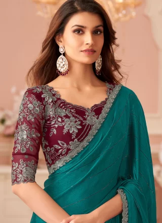 Blue and Teal Satin Patch Border and Embroidered Work Classic Saree