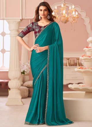 Blue and Teal Satin Patch Border and Embroidered Work Classic Saree