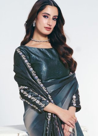 Blue and Teal Satin Silk Contemporary Saree with Patch Border, Moti, Sequins and Stone Work