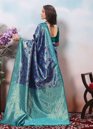 Blue and Turquoise Silk Weaving Work Contemporary Saree for Casual