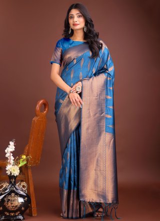 Blue and Violet Banarasi Silk Weaving Work Trendy Saree for Casual