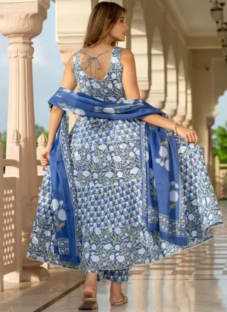 Blue and Violet Cotton Floral Patch and Print Work Salwar Suit