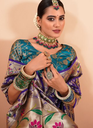 Blue and Violet Paithni Patch Border, Weaving and Zari Work Designer Sari