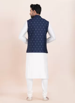Blue and White Banarasi Silk Jacquard Work Kurta Payjama with Jacket for Ceremonial