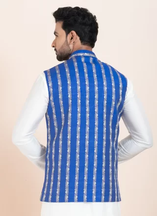 Blue and White Cotton Nehru Jackets with Jacquard Work for Men