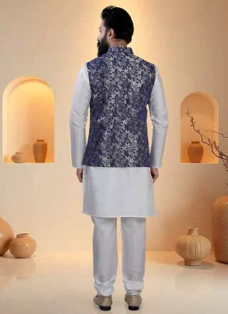 Blue and White Organza Kurta Payjama with Jacket with Fancy Work