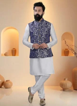 Blue and White Organza Kurta Payjama with Jacket with Fancy Work