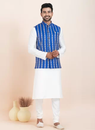 Blue and Wine Banarasi Silk Jacquard Work Kurta Payjama with Jacket for Men
