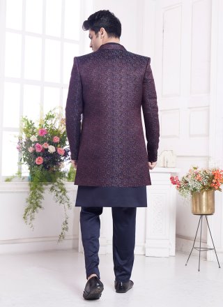 Blue and Wine Imported Indo Western with Buttons and Plain Work