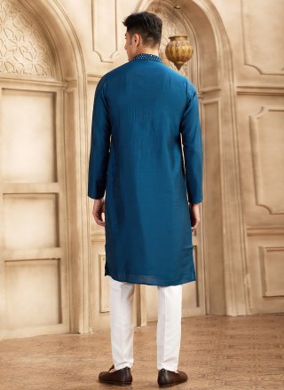 Blue Art Banarasi Silk Kurta Pyjama with Mirror and Plain Work