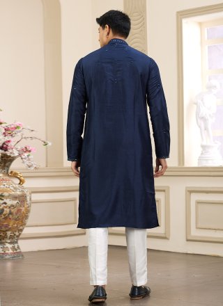 Blue Art Banarasi Silk Kurta Pyjama with Mirror and Thread Work