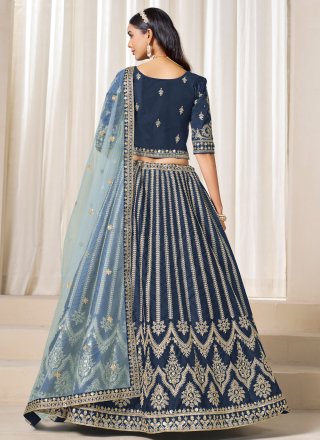 Blue Art Silk Embroidered, Sequins and Zari Work A - Line Lehenga Choli