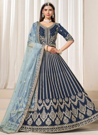 Blue Art Silk Embroidered, Sequins and Zari Work A - Line Lehenga Choli