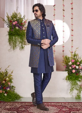Blue Art Silk Indo Western with Embroidered Work for Engagement