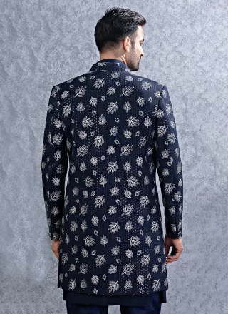 Blue Art Silk Indo Western with Jacquard Work