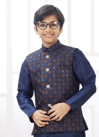 Blue Art Silk Kurta Payjama with Jacket with Machine Embroidery Work
