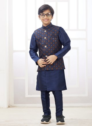 Blue Art Silk Kurta Payjama with Jacket with Machine Embroidery Work