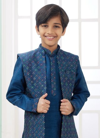 Blue Art Silk Machine Embroidery Work Kurta Payjama with Jacket