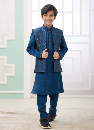 Blue Art Silk Machine Embroidery Work Kurta Payjama with Jacket