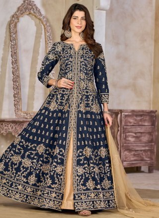 Blue Art Silk Salwar Suit with Embroidered and Zari Work