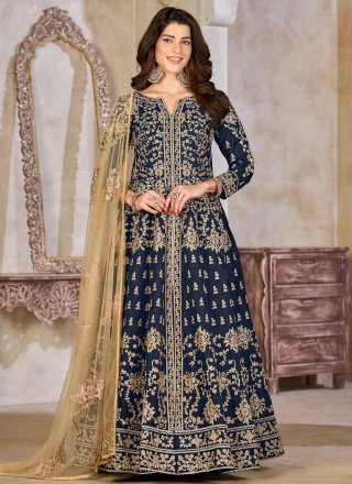 Blue Art Silk Salwar Suit with Embroidered and Zari Work
