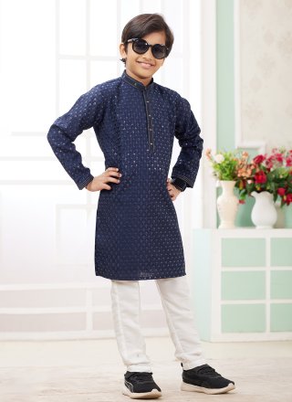 Blue Art Silk Thread Work Kurta Pyjama for Festival