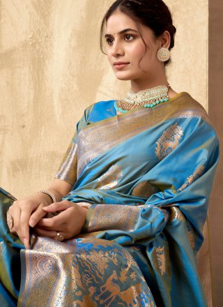 Blue Art Silk Traditional Saree with Weaving and Zari Work