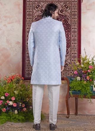 Blue Banarasi Jacquard Indo Western with Jacquard Work