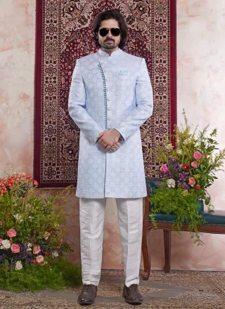 Blue Banarasi Jacquard Indo Western with Jacquard Work
