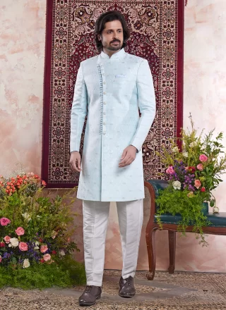 Blue Banarasi Jacquard Jacquard Work Indo Western for Ceremonial