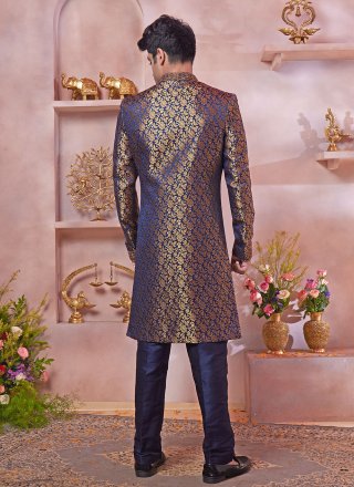 Blue Banarasi Silk Buttons Work Sherwani Mens Wear for Ceremonial
