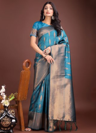 Blue Banarasi Silk Classic Saree with Weaving Work for Women