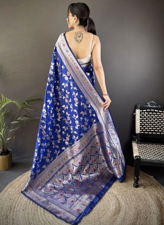 Blue Banarasi Silk Contemporary Sari with Weaving and Zari Work