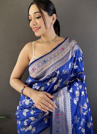 Blue Banarasi Silk Contemporary Sari with Weaving and Zari Work