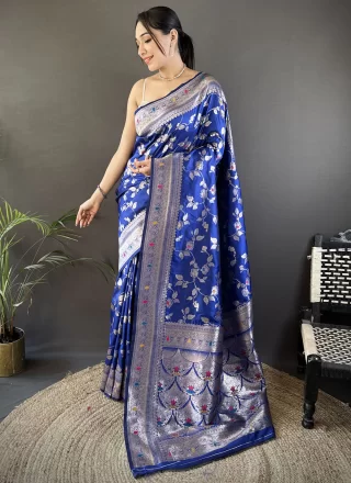Blue Banarasi Silk Contemporary Sari with Weaving and Zari Work