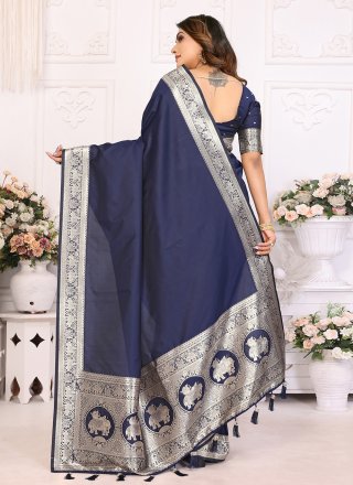 Blue Banarasi Silk Jacquard and Weaving Work Contemporary Saree