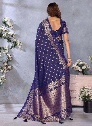 Blue Banarasi Silk Jacquard and Weaving Work Trendy Saree