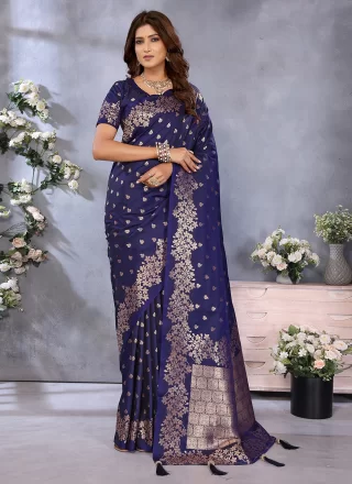 Blue Banarasi Silk Jacquard and Weaving Work Trendy Saree