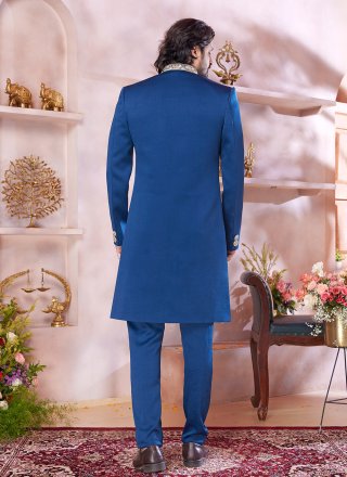 Blue Banarasi Silk Sherwani Mens Wear with Buttons Work for Ceremonial