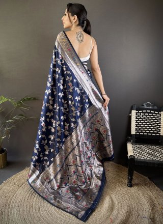 Blue Banarasi Silk Weaving and Zari Work Designer Sari