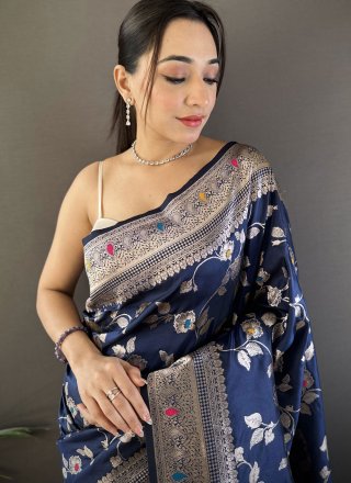 Blue Banarasi Silk Weaving and Zari Work Designer Sari