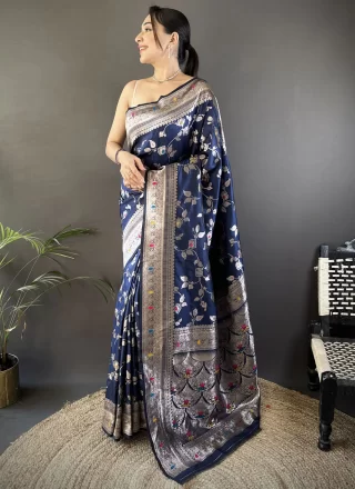Blue Banarasi Silk Weaving and Zari Work Designer Sari
