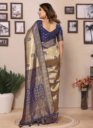 Blue Banarasi Silk Weaving Work Contemporary Saree