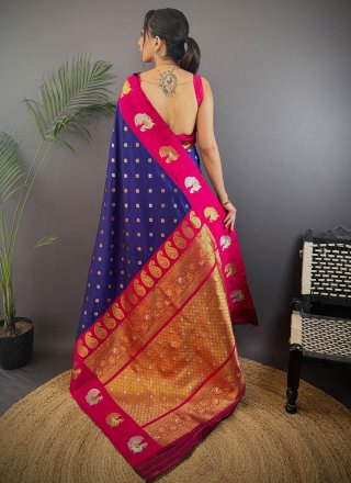 Blue Banarasi Silk Weaving Work Contemporary Sari for Ceremonial