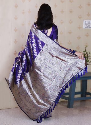 Blue Banarasi Silk Woven Work Contemporary Sari for Women